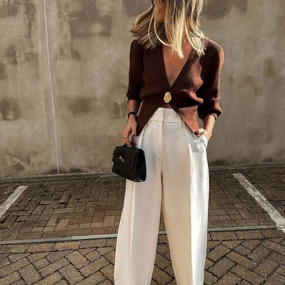 Brown Casual Women's V-Neck Button Long Sleeved Knitted Cardigan Top - Picture 4 of 7